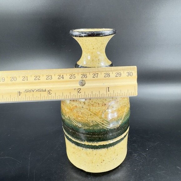 Studio Art Pottery Vase Bottle Shaped Vessel Hand Made Yellow Glazed Carved VTG - Picture 6 of 13
